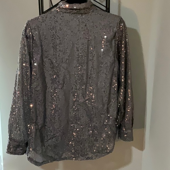 NWT NY Collection Silver Sequins Long Sleeve Shirt - Size Large - Picture 2 of 7